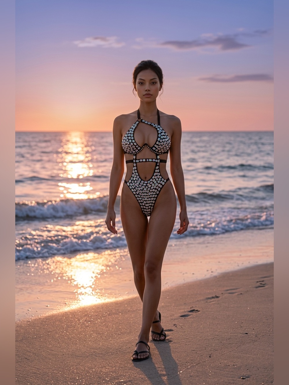 Rhinestone Embellished Cutout One-Piece Swimsuit - Size Large